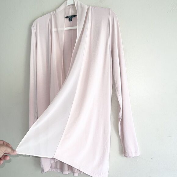 Ralph Lauren Lightweight Longline Cardigan M Sheer Panel Knit Rose Long Sleeves - Picture 2 of 9